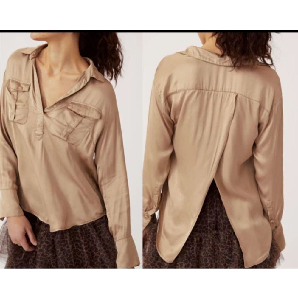 Anthropologie Long Sleeve Blouse Sleek Satin Top V-Neck Open Back